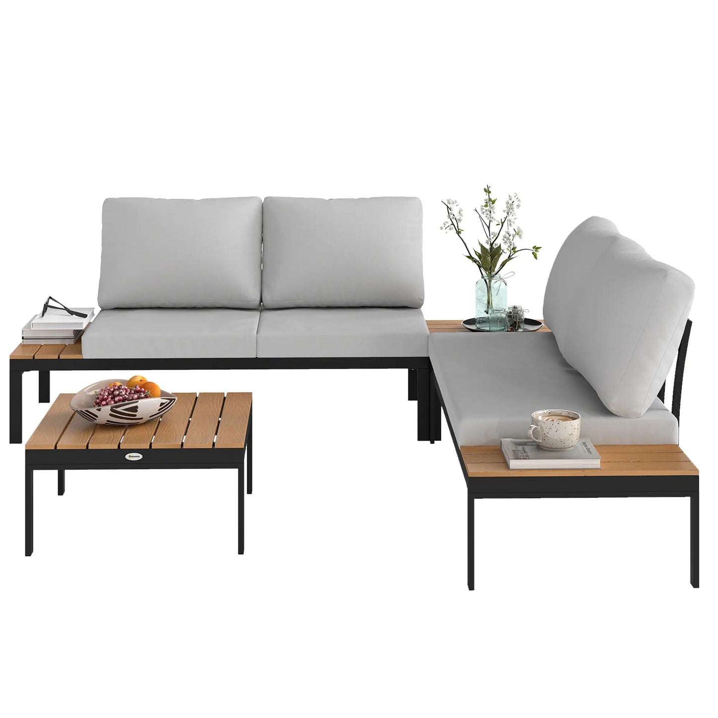 Matuki Wood Teak 4 Seater Garden Corner Sofa Set With 2 Coffee Tables