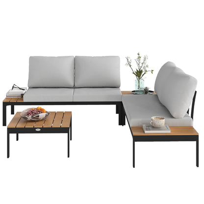 Matuki Wood Teak 4 Seater Garden Corner Sofa Set With 2 Coffee Tables