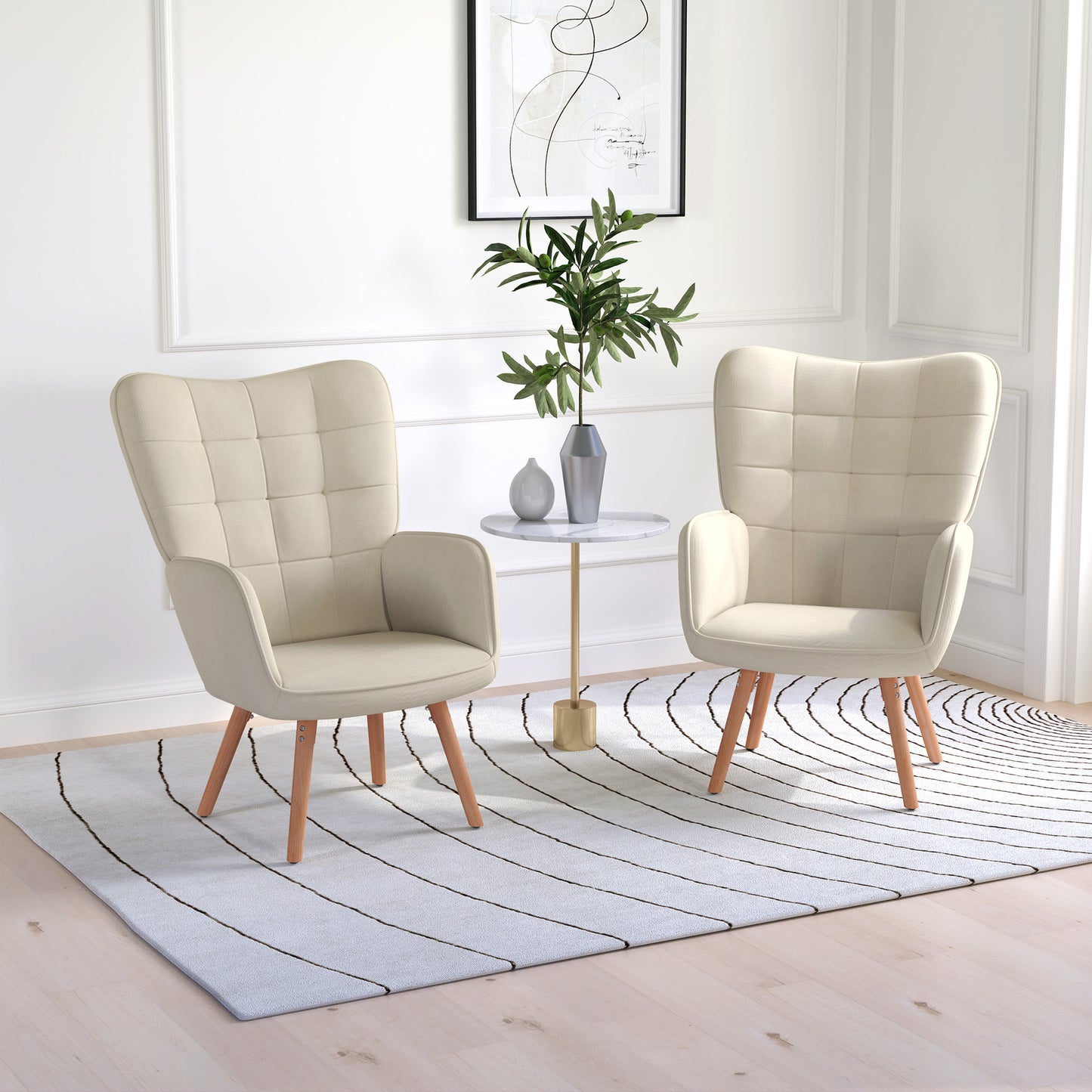Haseto Velvet Cream White Wingback Accent Chairs Set Of 2 With Tufted Back And Wooden Legs