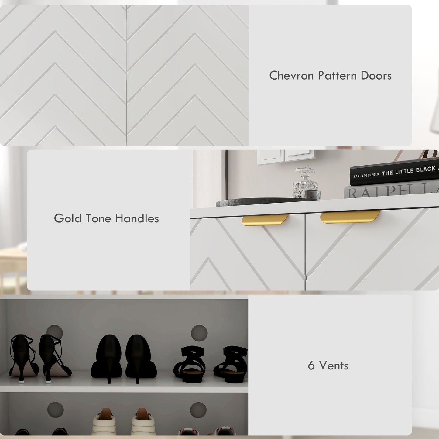 Cosu White Wooden Chevron Shoe Cupboard With Bottom Shelf and Gold Accents For 12 Pairs