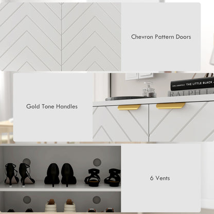 Cosu White Wooden Chevron Shoe Cupboard With Bottom Shelf and Gold Accents For 12 Pairs
