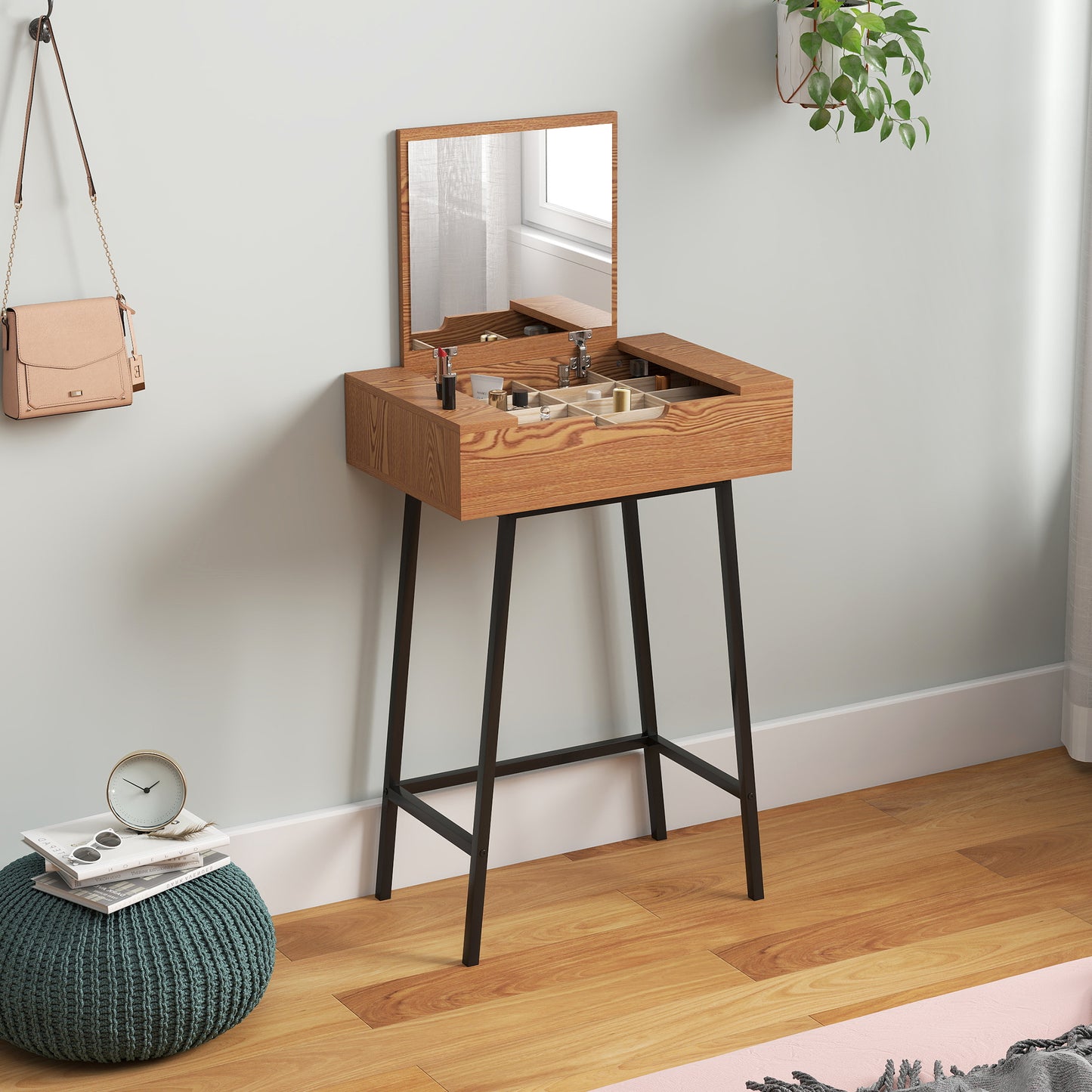 Fino Leri Natural Wood Industrial Vanity Desk With Flip Up Mirror And 6teen Storage Compartments