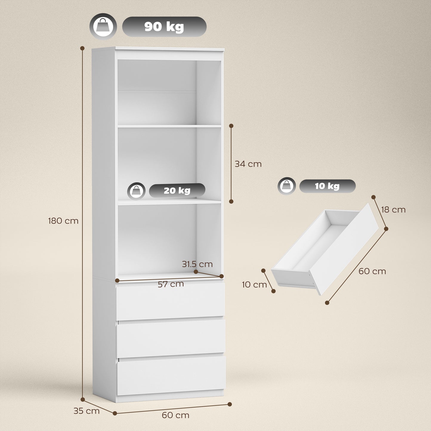 Seso Wood White Tall Bookcase With Shelves And Integrated Drawers 180 cm