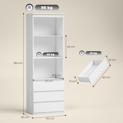 Seso Wood White Tall Bookcase With Shelves And Integrated Drawers 180 cm