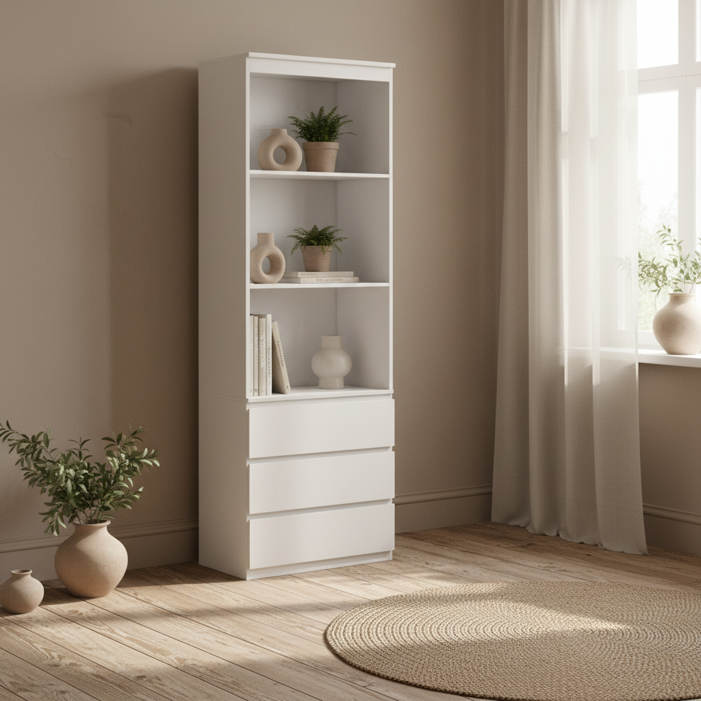 Seso Wood White Tall Bookcase With Shelves And Integrated Drawers 180 cm