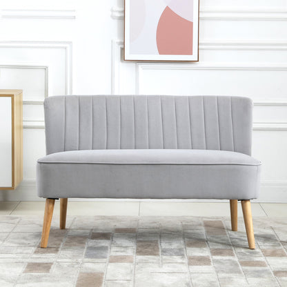 Nebalo Light Grey Velvet 2 Seater Sofa With Wooden Angled Legs Panelled Stitch Back