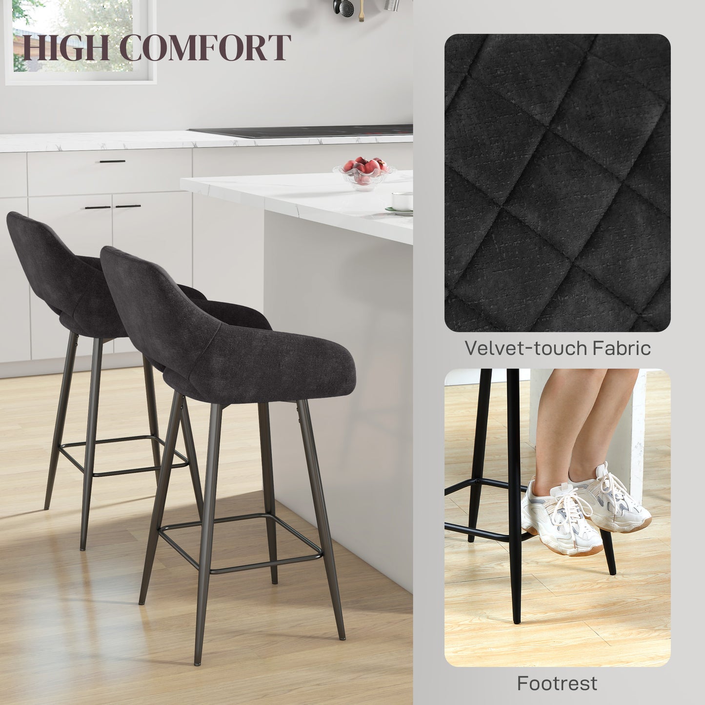 Hanirattu Velvet Dark Grey Bar Stools Set Of 2 With Soft Touch Upholstery And Footrests