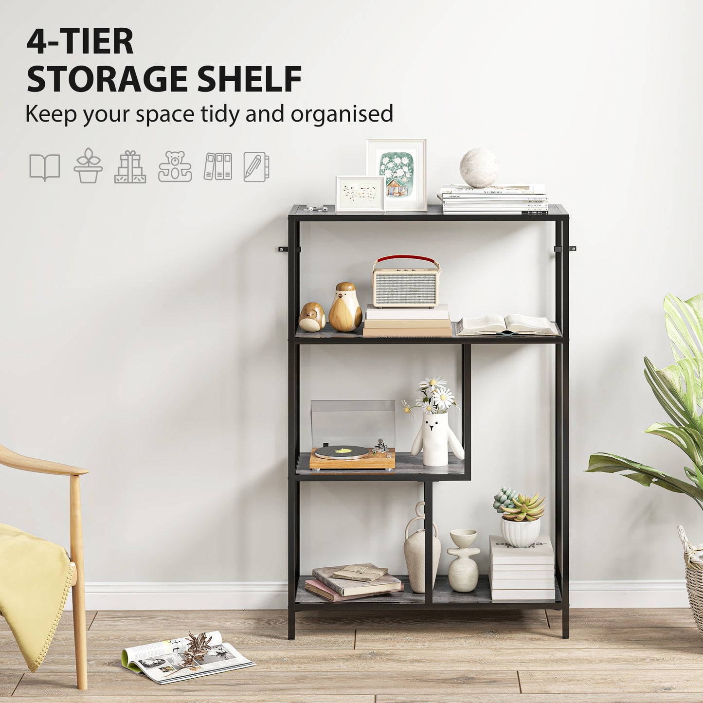 Risudo Wood Charcoal Grey 4 Tier Bookcase With OFauxn Shelving