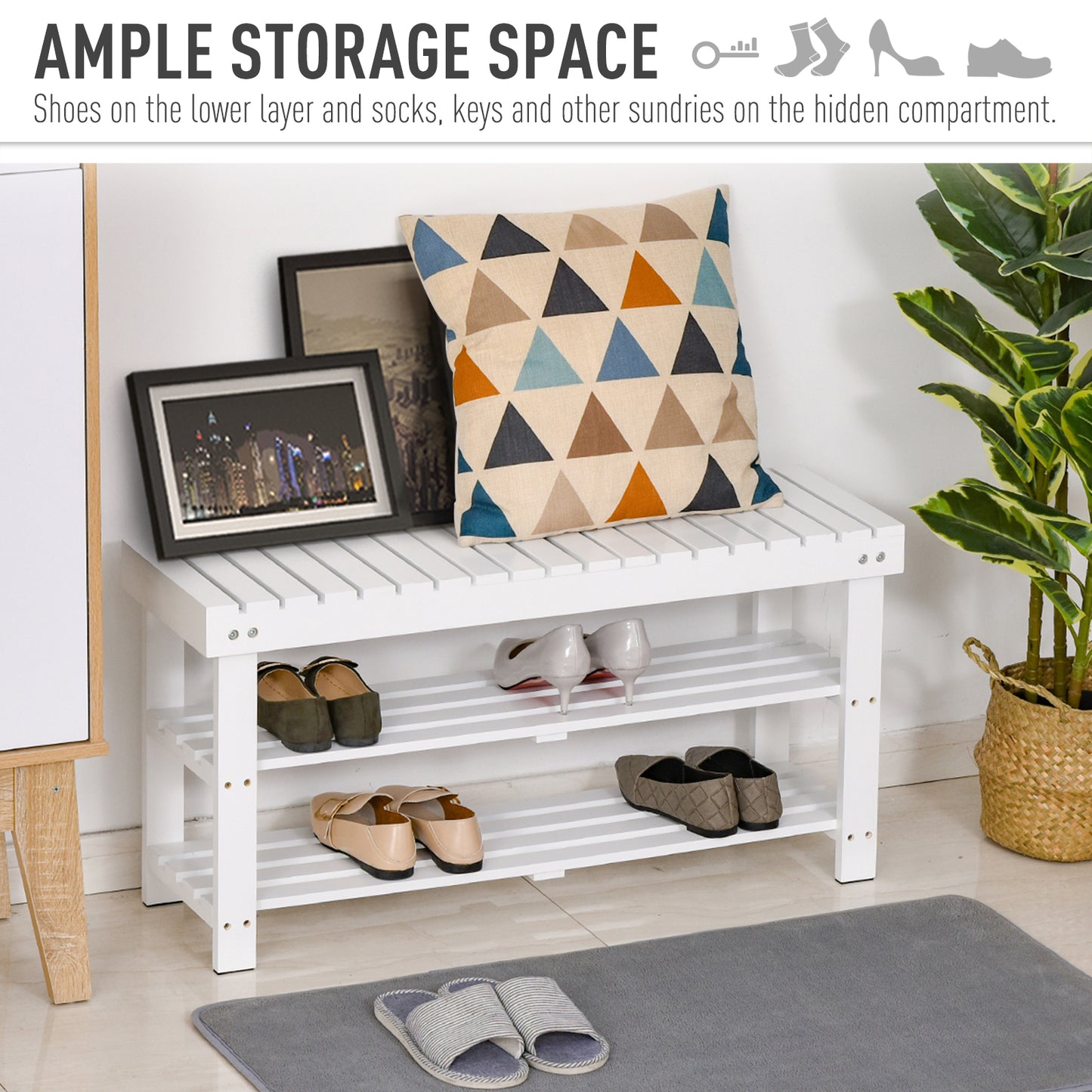 Mato Wooden White 3 Tier Slatted Shoe Bench With Hidden Compartment