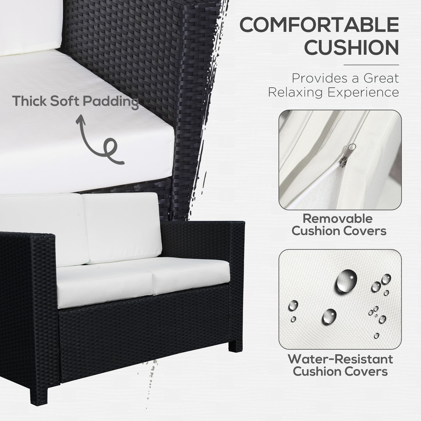 Toha Rattan Black 2 Seater Outdoor Sofa With White Cushions