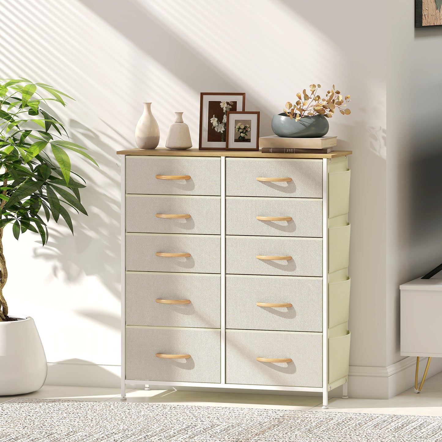 Lilu Fabric And Metal Beige 10 Drawer Storage Chest