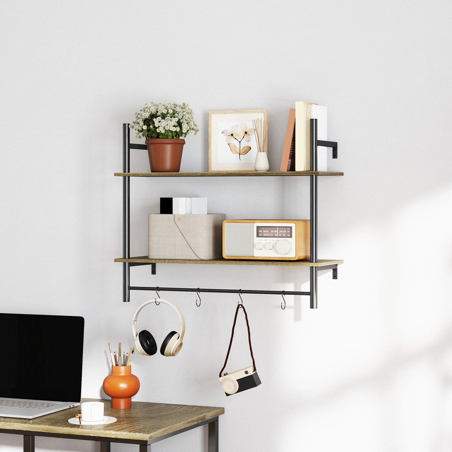 Vimoso Wood Grey Wall Mounted Floating Shelves With 4 Hooks For Entryway And Living Space