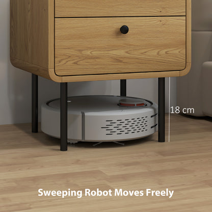 Fafile Lesu Oak Finish Wooden Bedside Table With 2 Drawers And Black Steel Legs