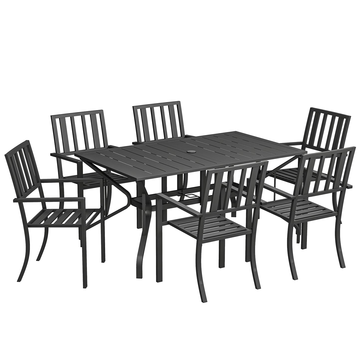 Suri Metal Black 6 Seater Outdoor Dining Table And Chairs Set With Parasol Hole