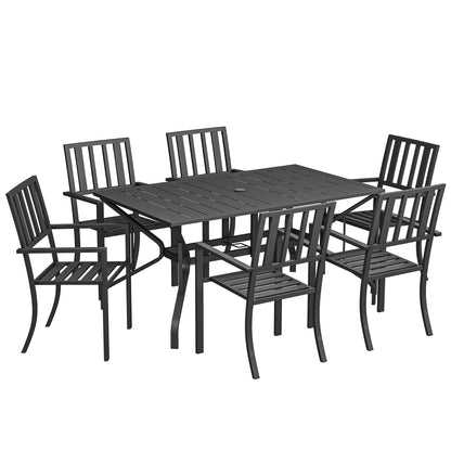 Suri Metal Black 6 Seater Outdoor Dining Table And Chairs Set With Parasol Hole