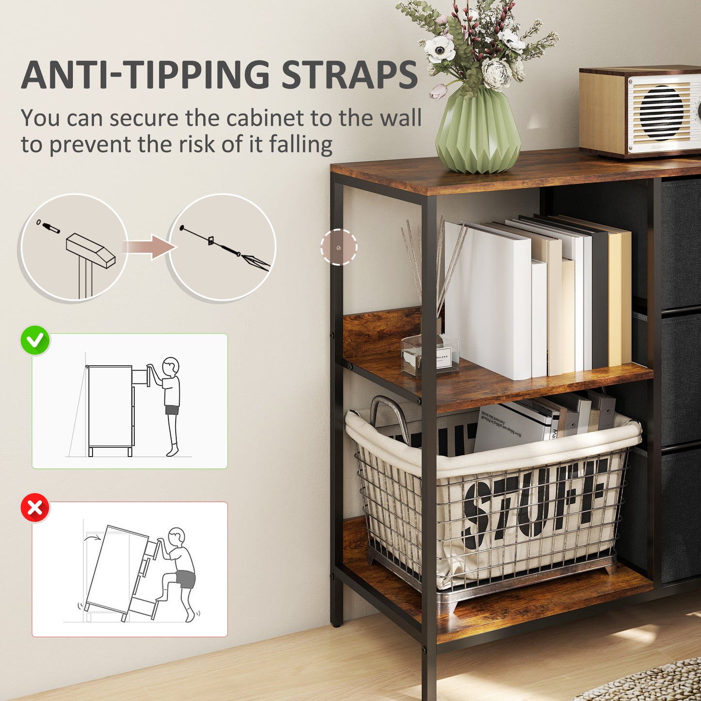 Disabapa Fabric And Wood Black Storage Chest With 3 Drawers And 2 Display Shelves