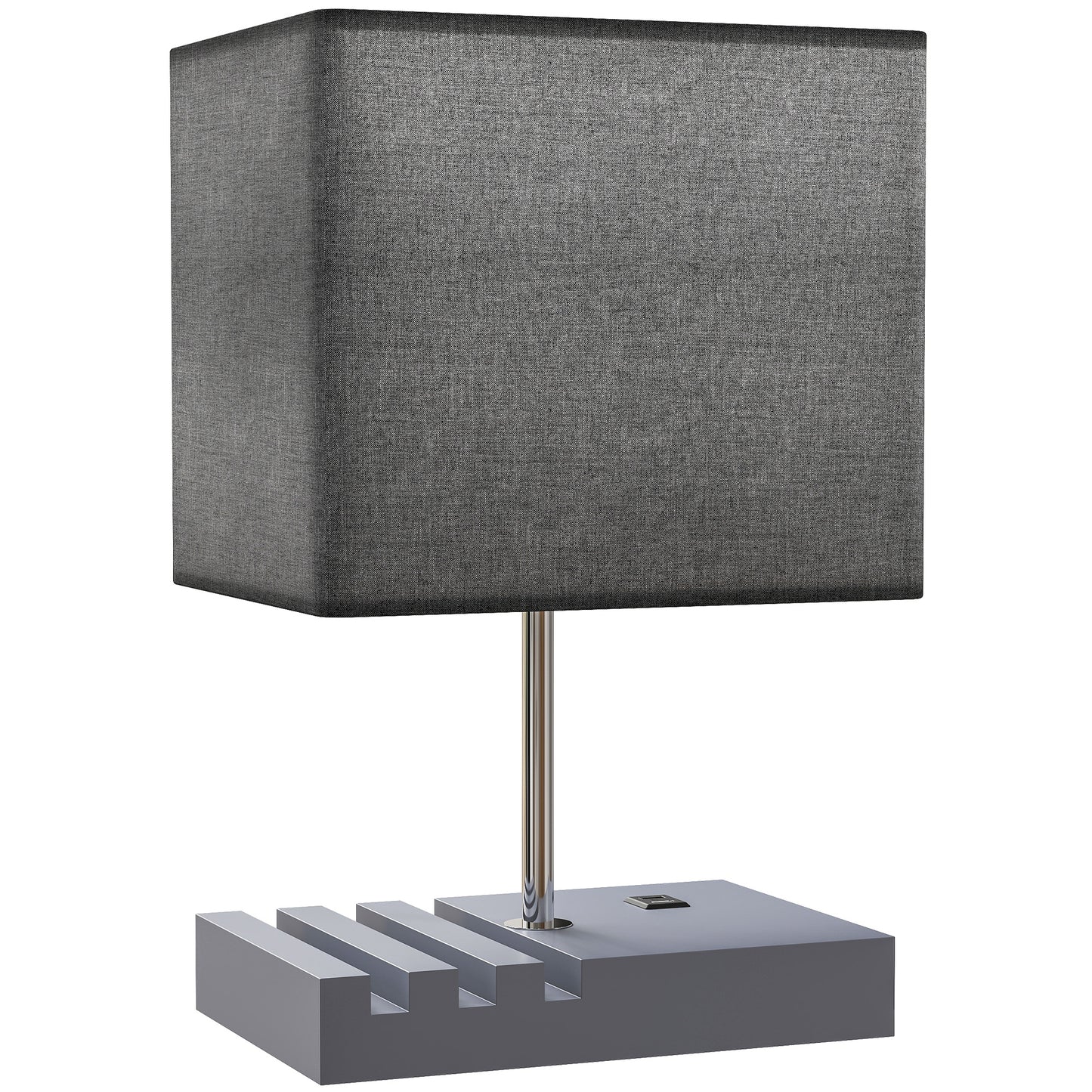 Kata Wood And Fabric Grey Bedside Table Lamp With USB Charging Ports Phone Stands And Fabric Shade
