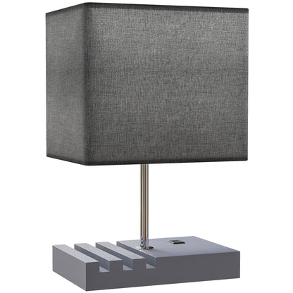 Kata Wood And Fabric Grey Bedside Table Lamp With USB Charging Ports Phone Stands And Fabric Shade