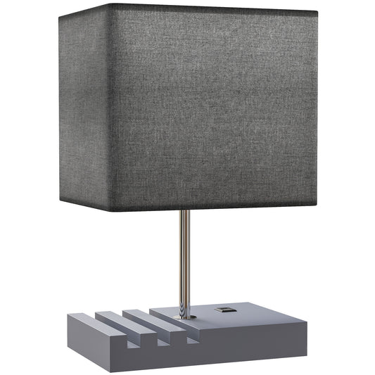 Kata Wood And Fabric Grey Bedside Table Lamp With USB Charging Ports Phone Stands And Fabric Shade