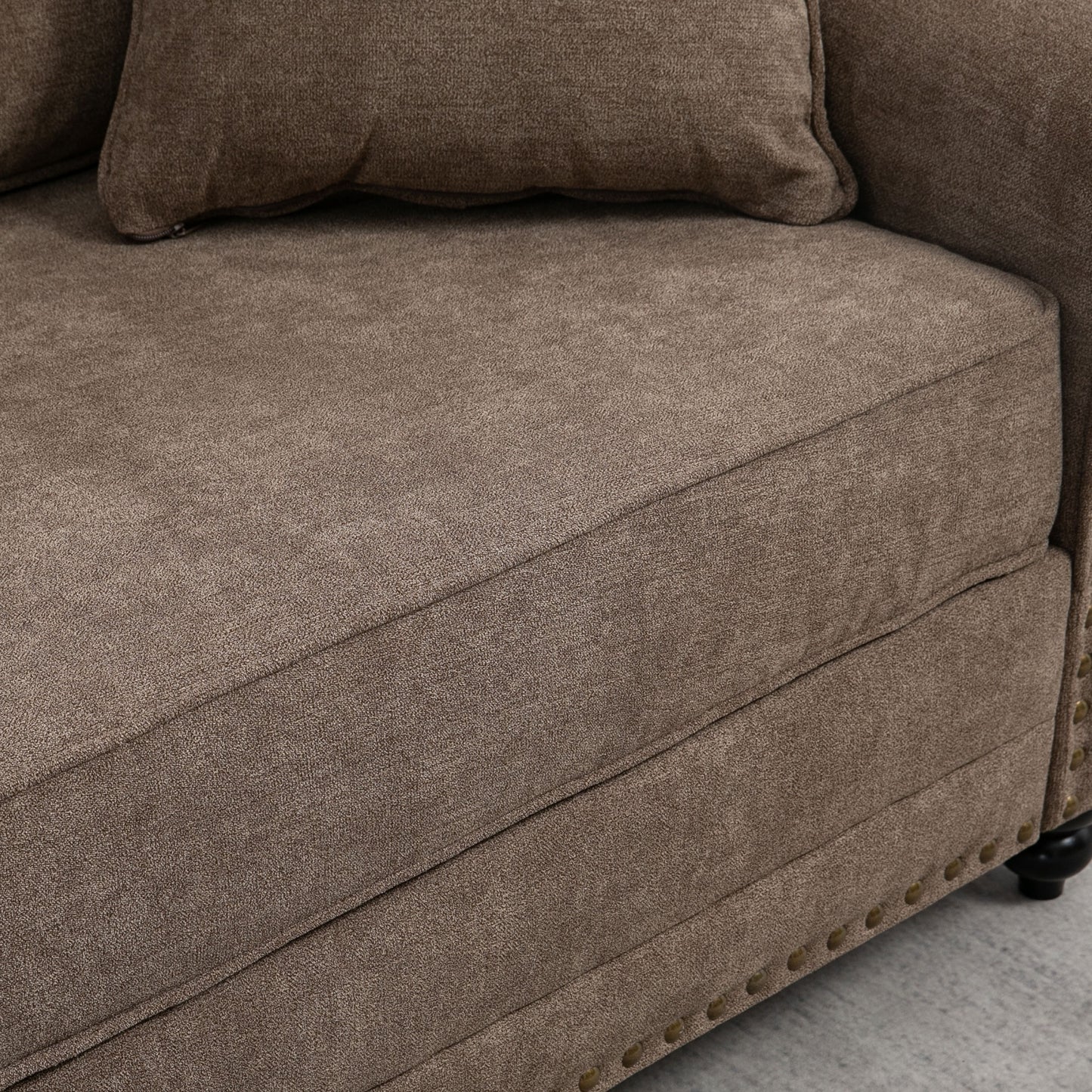 Soleka Fabric Brown 3 Seater Sofa With Rubberwood Legs Nail Head Trim And 2 Cushions