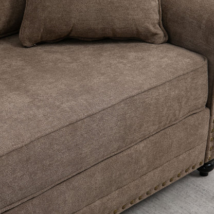 Soleka Fabric Brown 3 Seater Sofa With Rubberwood Legs Nail Head Trim And 2 Cushions