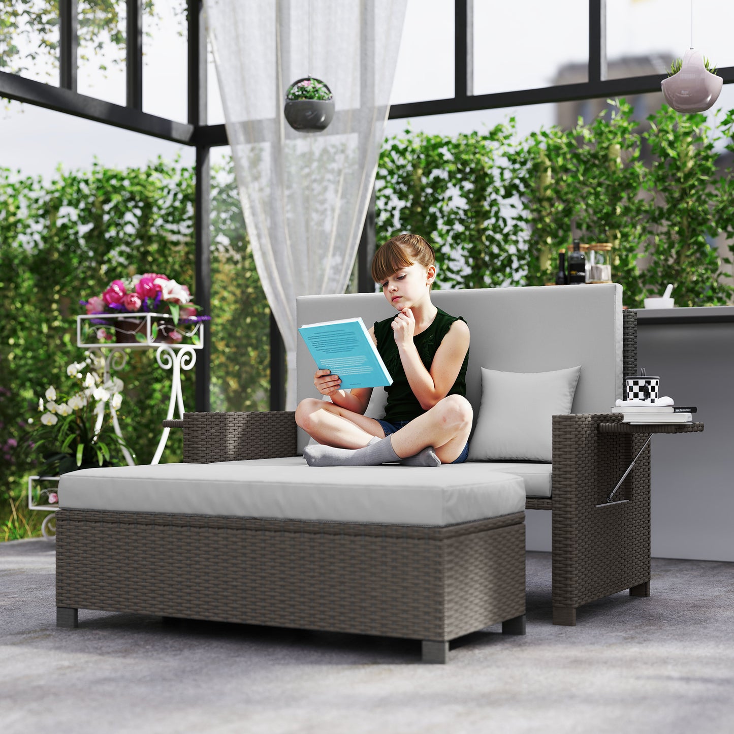Taelre Rattan Light Grey Outdoor Daybed With Matching Footstool White Cushions