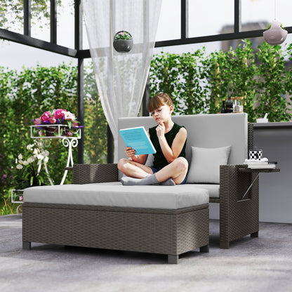Taelre Rattan Light Grey Outdoor Daybed With Matching Footstool White Cushions