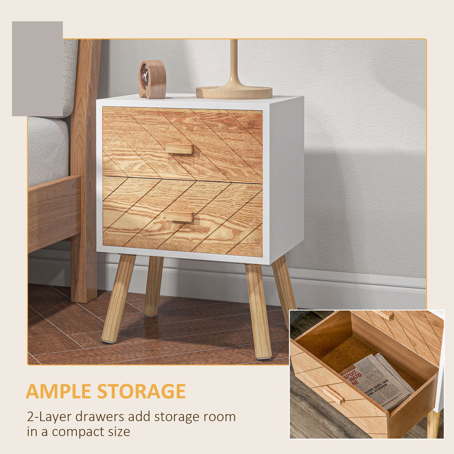Elco Natural Wooden Set Of 2 Bedside Tables With 2 Drawers And Angled Legs