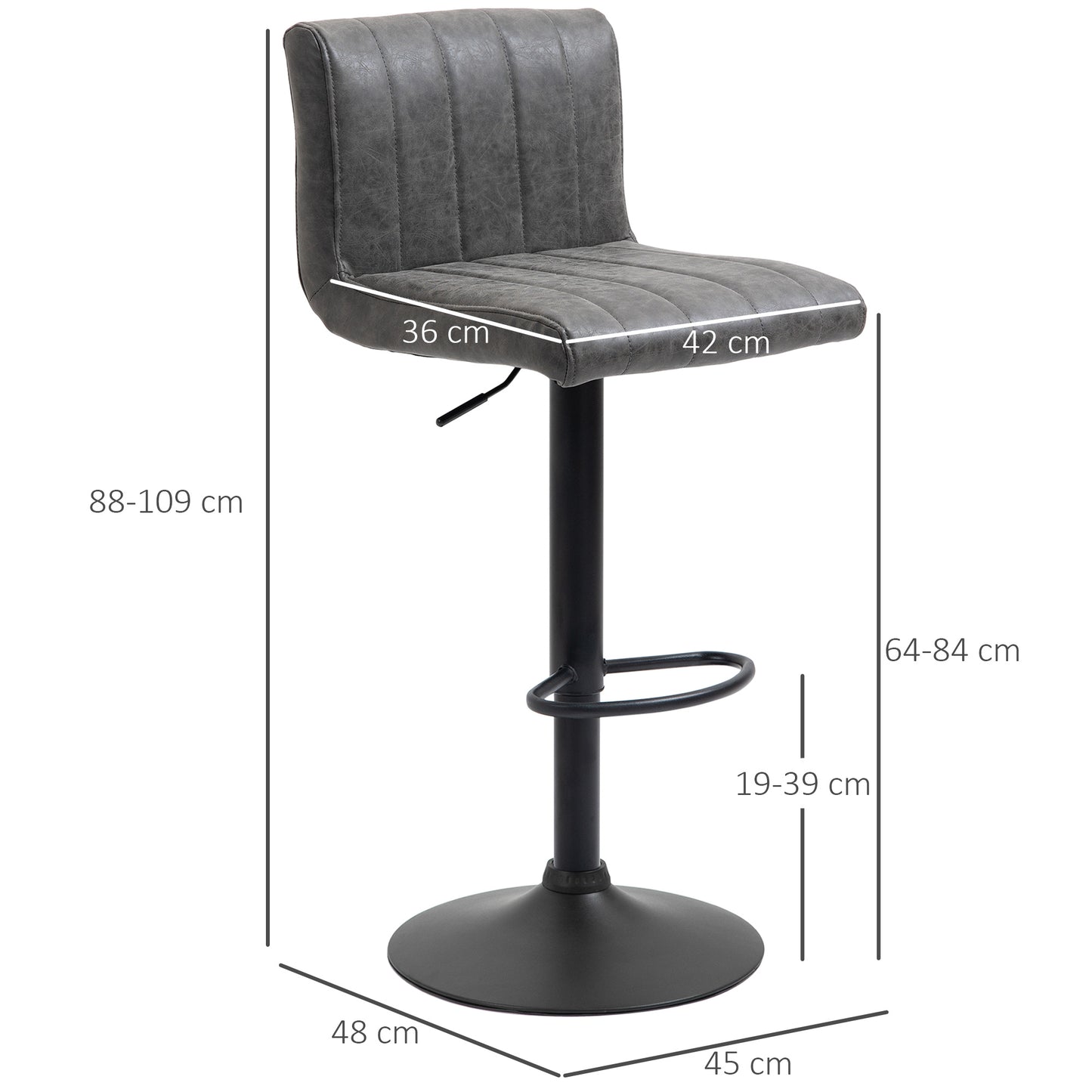 Ralava Set Of 2 Faux Leather Grey Adjustable Swivel Bar Stools With Footrests