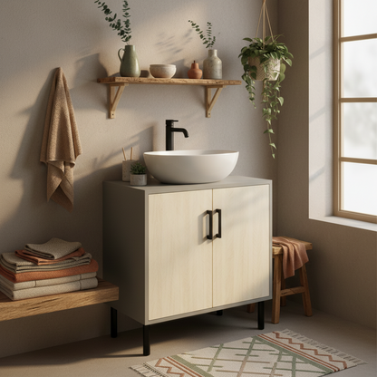 Nabavi Natural Finish Under Sink Vanity Cabinet With Double Doors And Internal Shelving