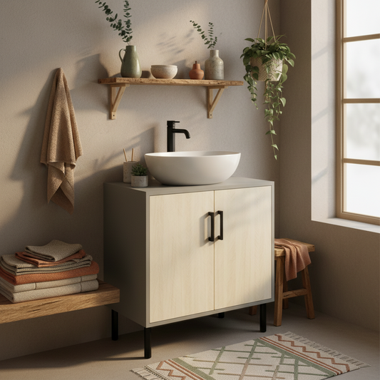 Nabavi Natural Finish Under Sink Vanity Cabinet With Double Doors And Internal Shelving