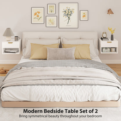 Ludi Set Of 2 Wooden White Wall Mounted Bedside Tables With Fluted Drawer And Shelf