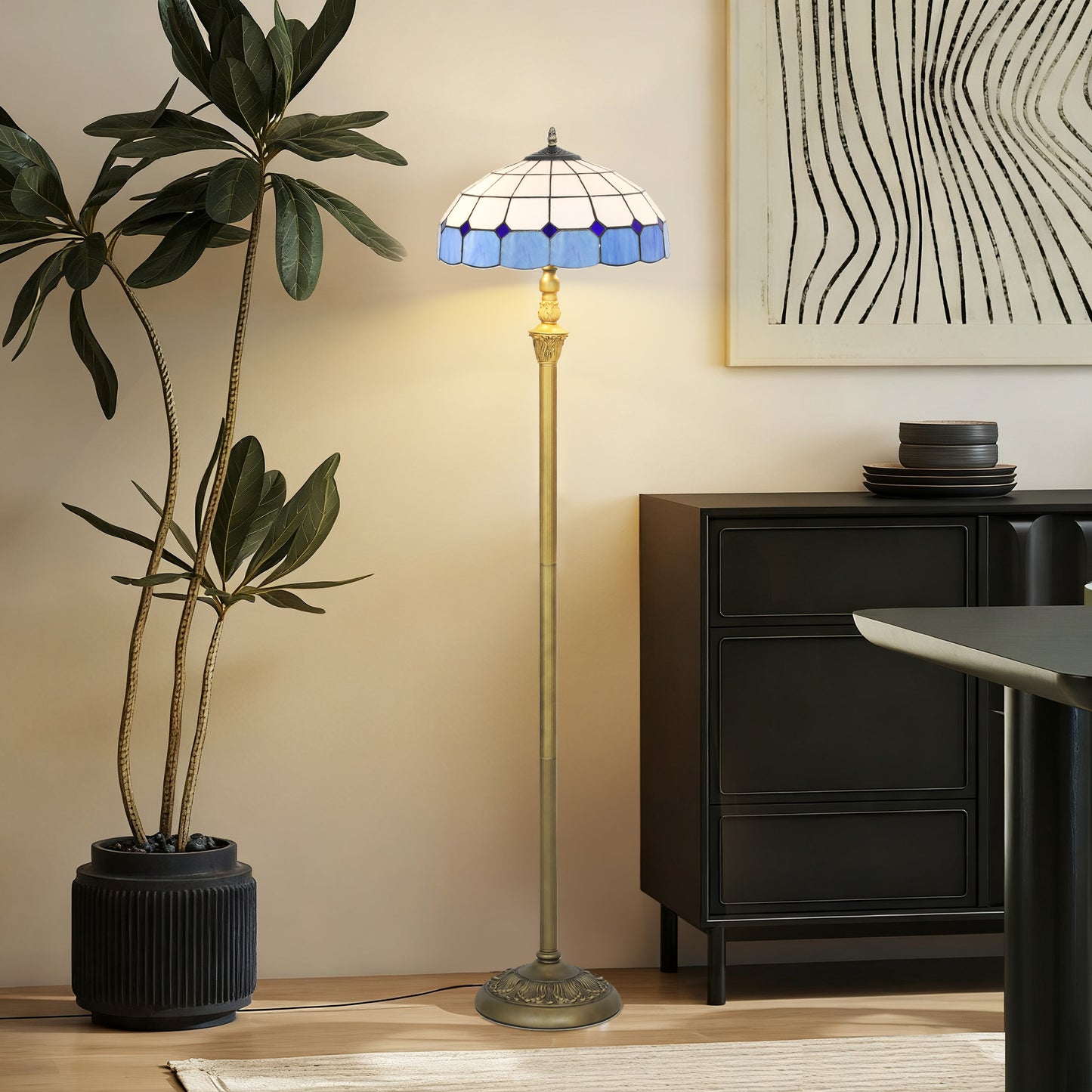 Luel Metal And Glass Bronze And Blue Tiffany Style Floor Lamp With Handcrafted Shade