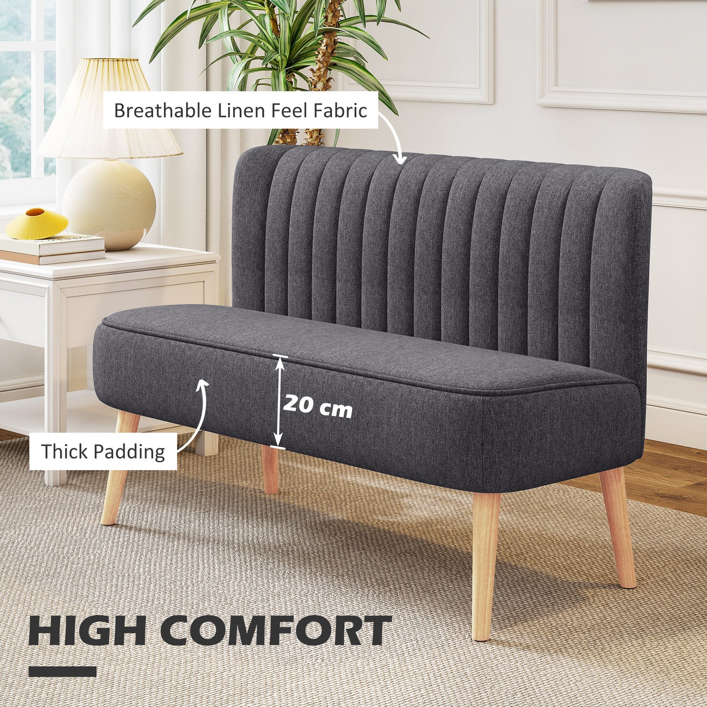 Kecoba Dark Grey Fabric Compact 2 Seater Sofa With Padded Seat And Wooden Legs