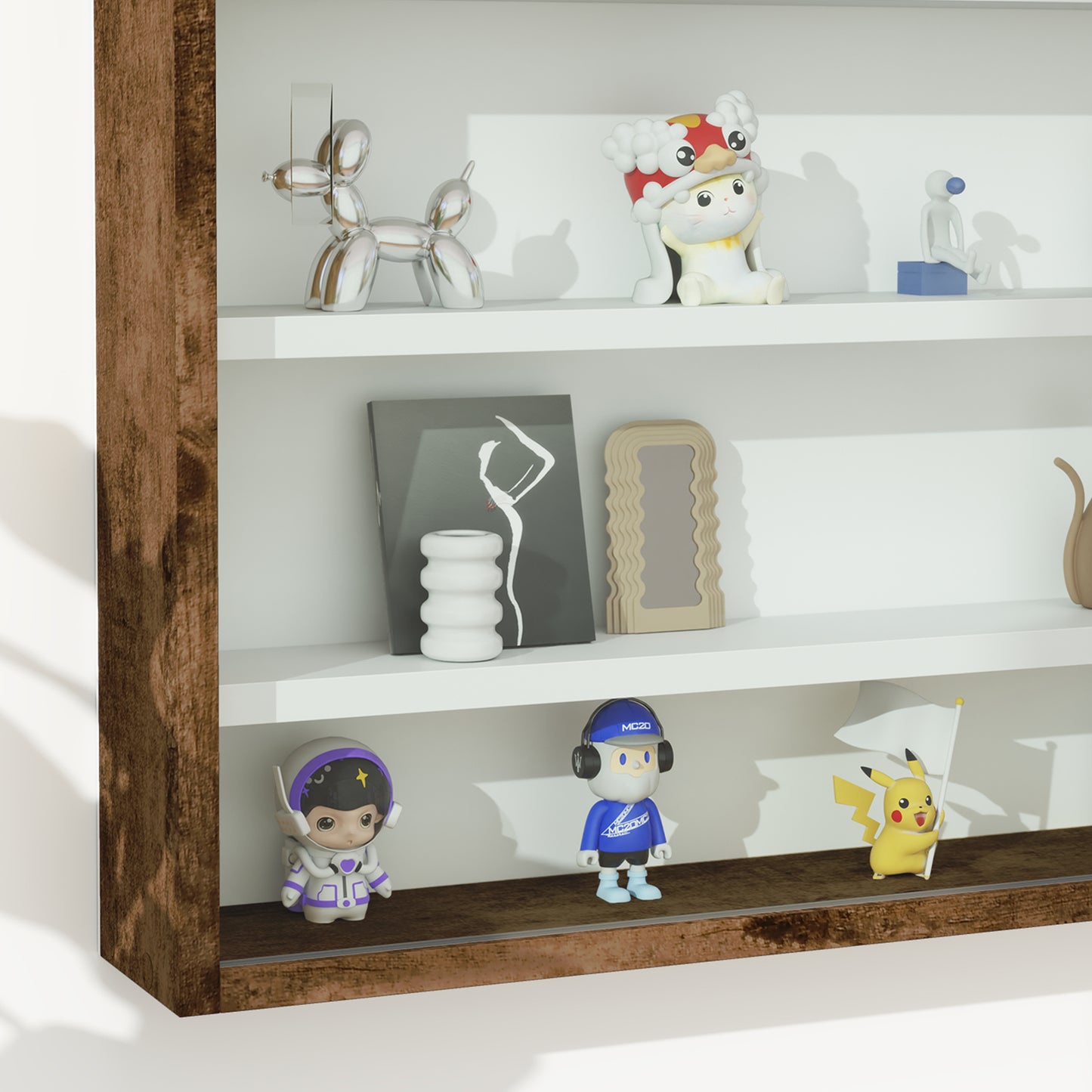 Fitora Wood And Glass Rustic Brown 5 Tier Wall Display Cabinet With Adjustable Shelves 60 x 80 cm