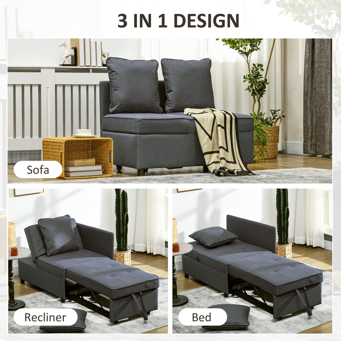 Lomo Fabric Grey 3 In 1 Convertible Single Sofa Bed With Magazine Pocket