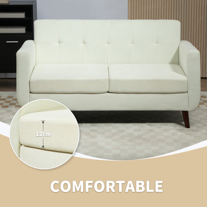 Yofi Off White 2 Seater Sofa With Tufted Back Dark Wooden Angled Legs