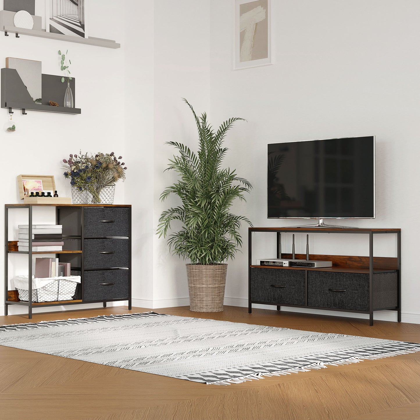 Disabapa Fabric And Wood Black Storage Chest With 3 Drawers And 2 Display Shelves