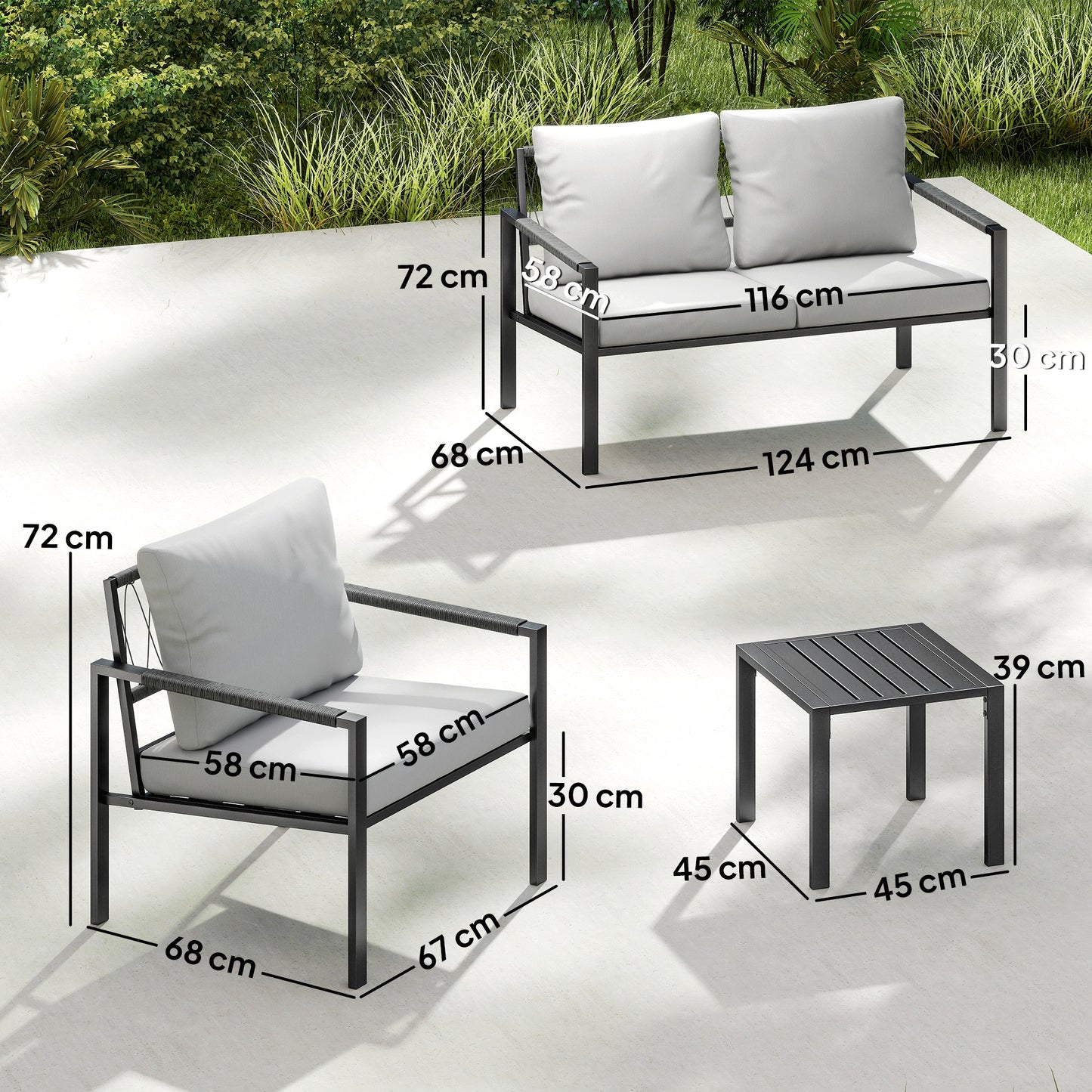 Cosneri Metal Light Grey 4 Seater Garden Sofa Set with 2 Coffee Tables