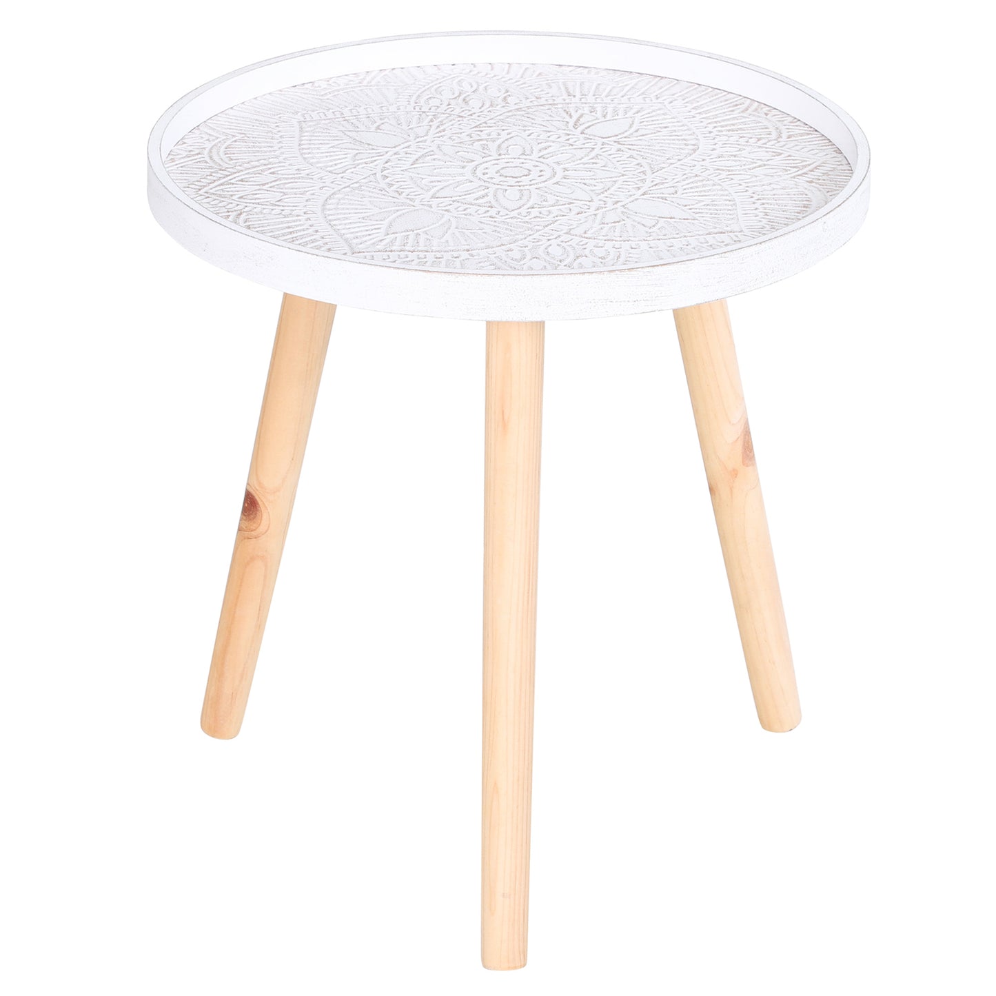 Nona Wood White Round Coffee Table With Carved Floral Tray Top