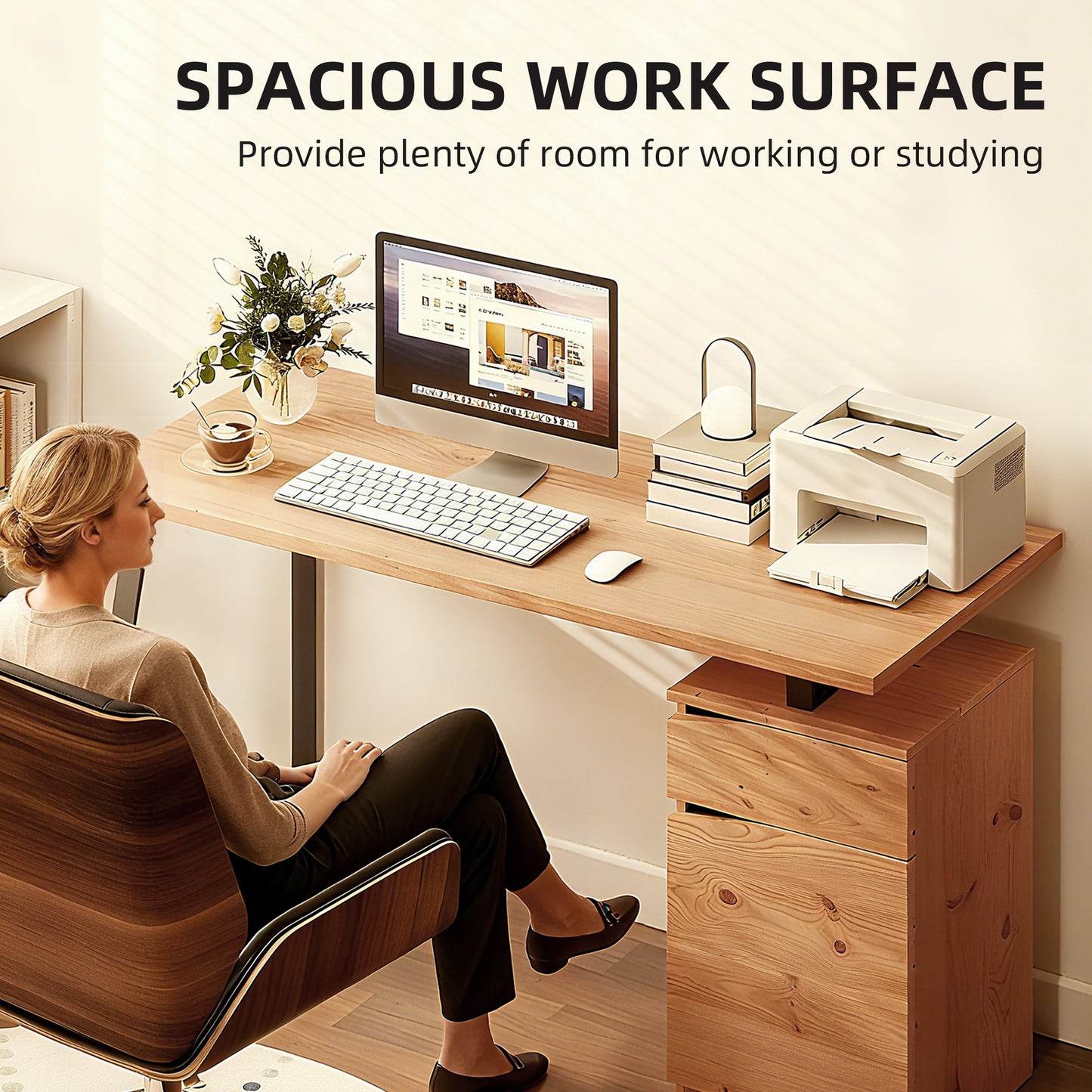 Nolole 135cm Natural Wood Home Office Desk With Storage Drawer and Cabinet