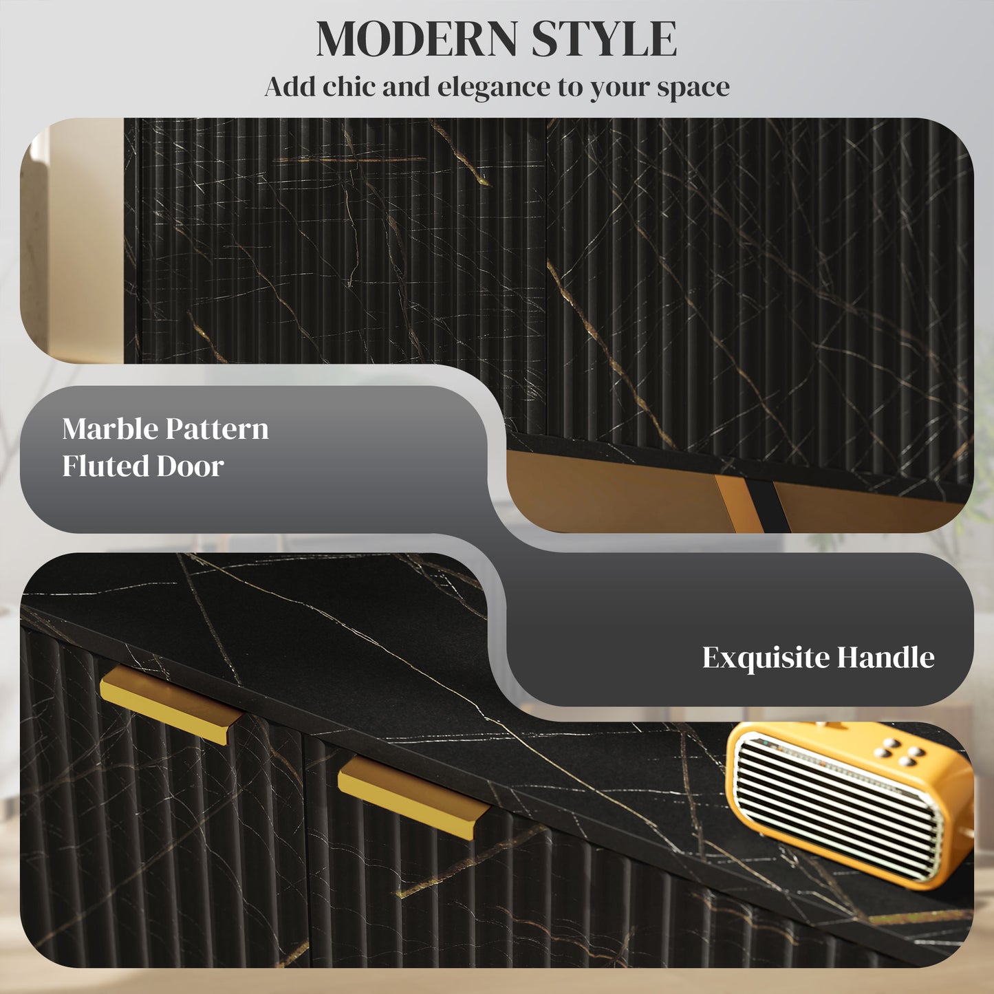 Baseva 140cm Wooden Black and Gold Marble Effect TV Unit With Fluted Doors For Screens Up To 70 Inches