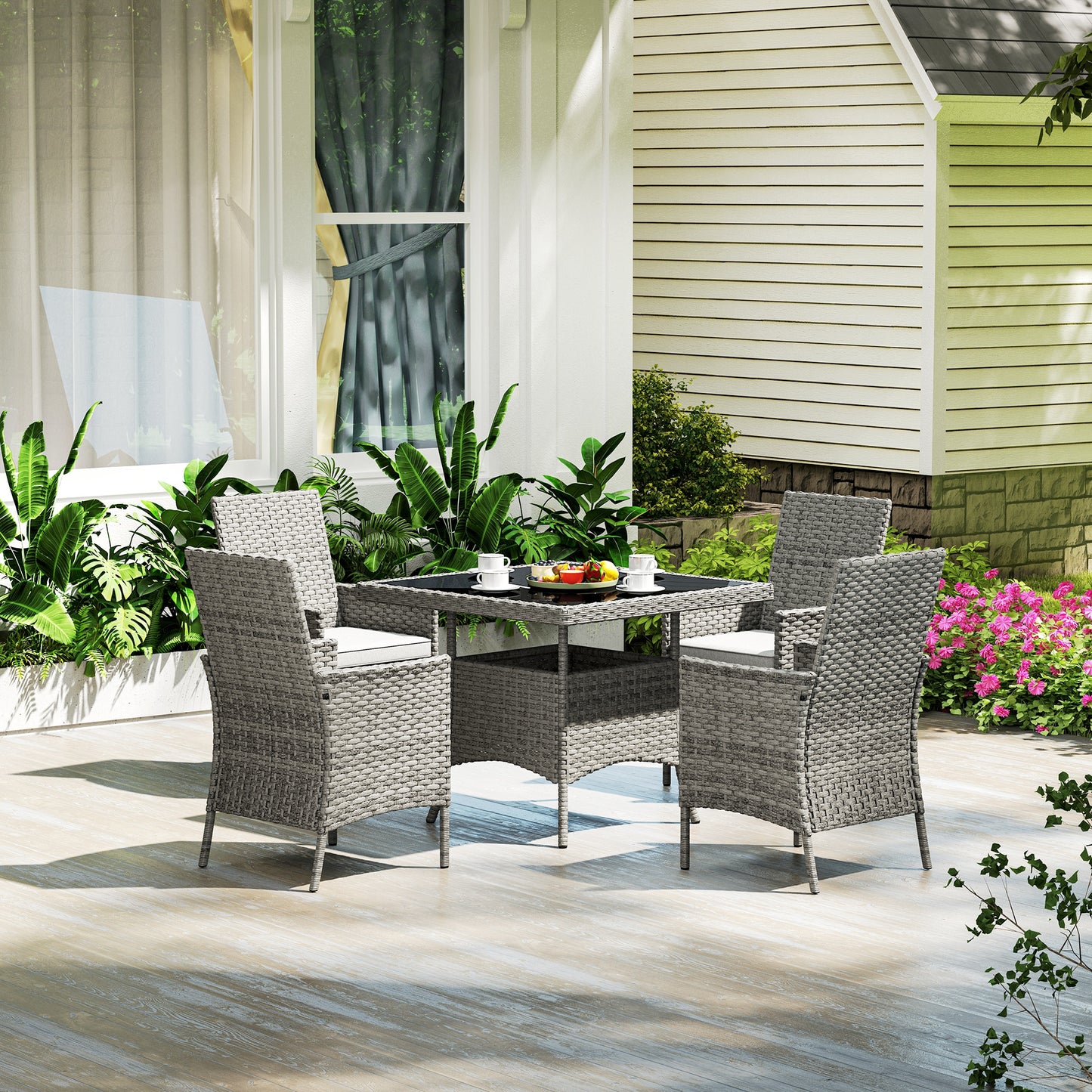 Noha Grey Rattan 4 Seater Outdoor Dining Set with Square Glass Table
