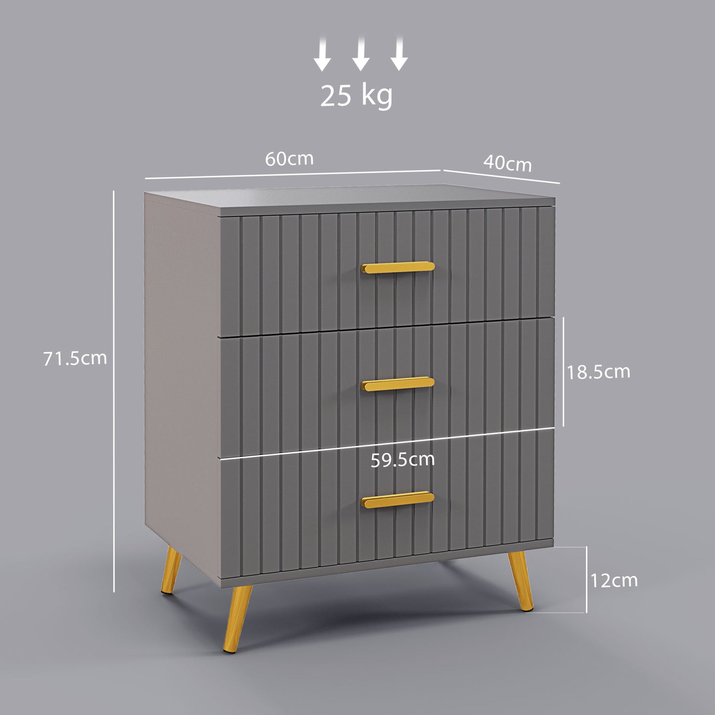 Momase Tall Wooden Grey And Gold Tone 3 Drawer Embossed Bedside Table