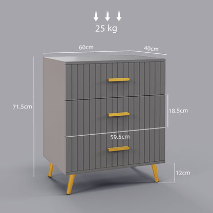 Momase Tall Wooden Grey And Gold Tone 3 Drawer Embossed Bedside Table