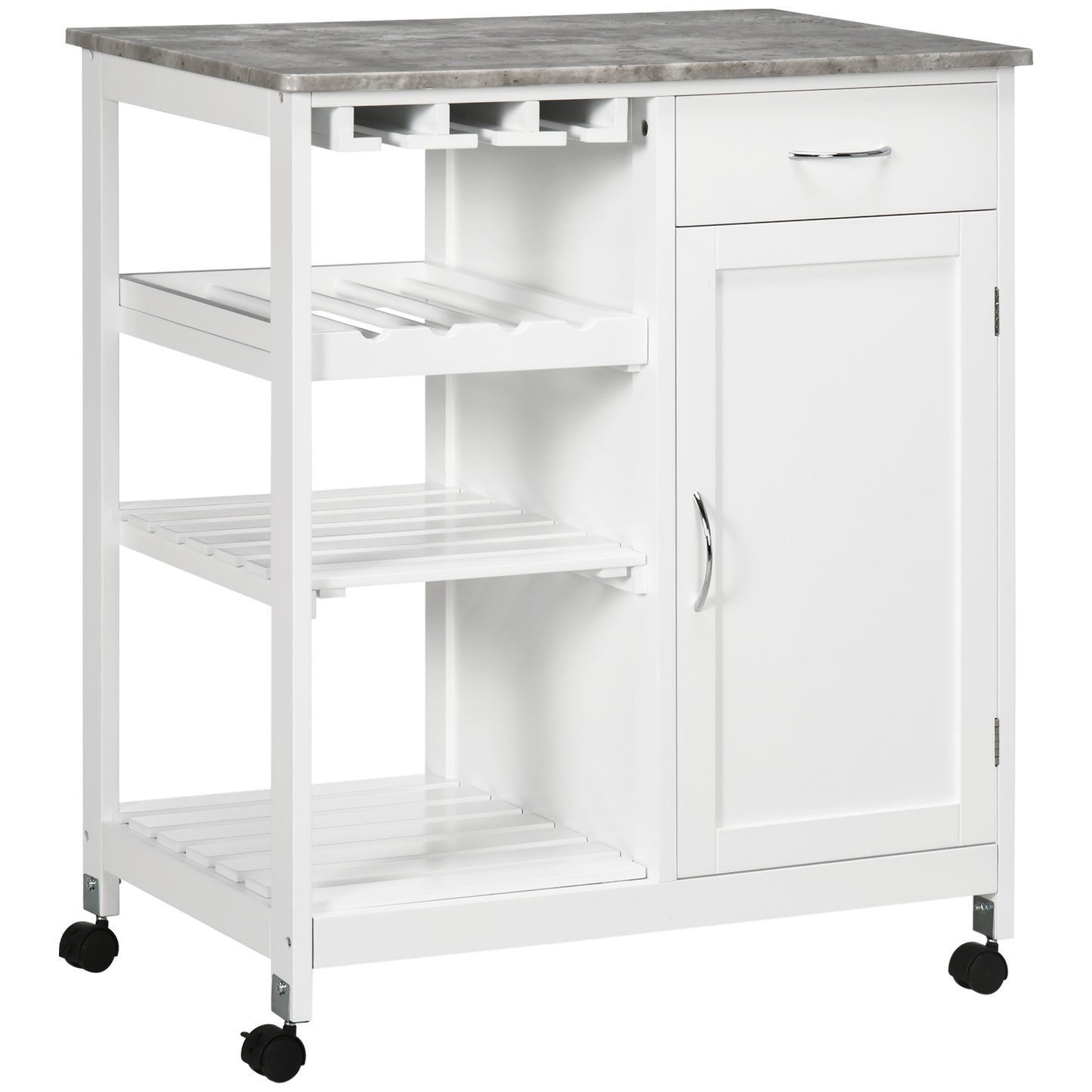 Sohavi Wooden White Compact Kitchen Trolley With Wine Rack Drawer And Open Shelving