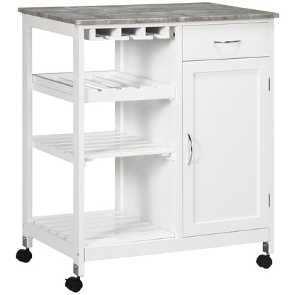 Sohavi Wooden White Compact Kitchen Trolley With Wine Rack Drawer And Open Shelving