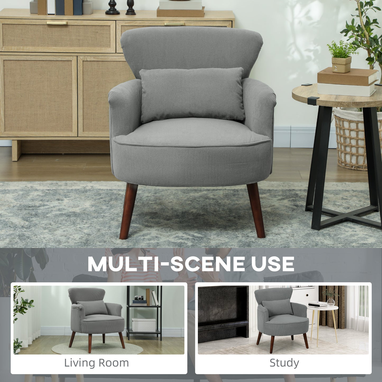 Zile Corduroy Light Grey Retro Style Accent Chair Angled Legs