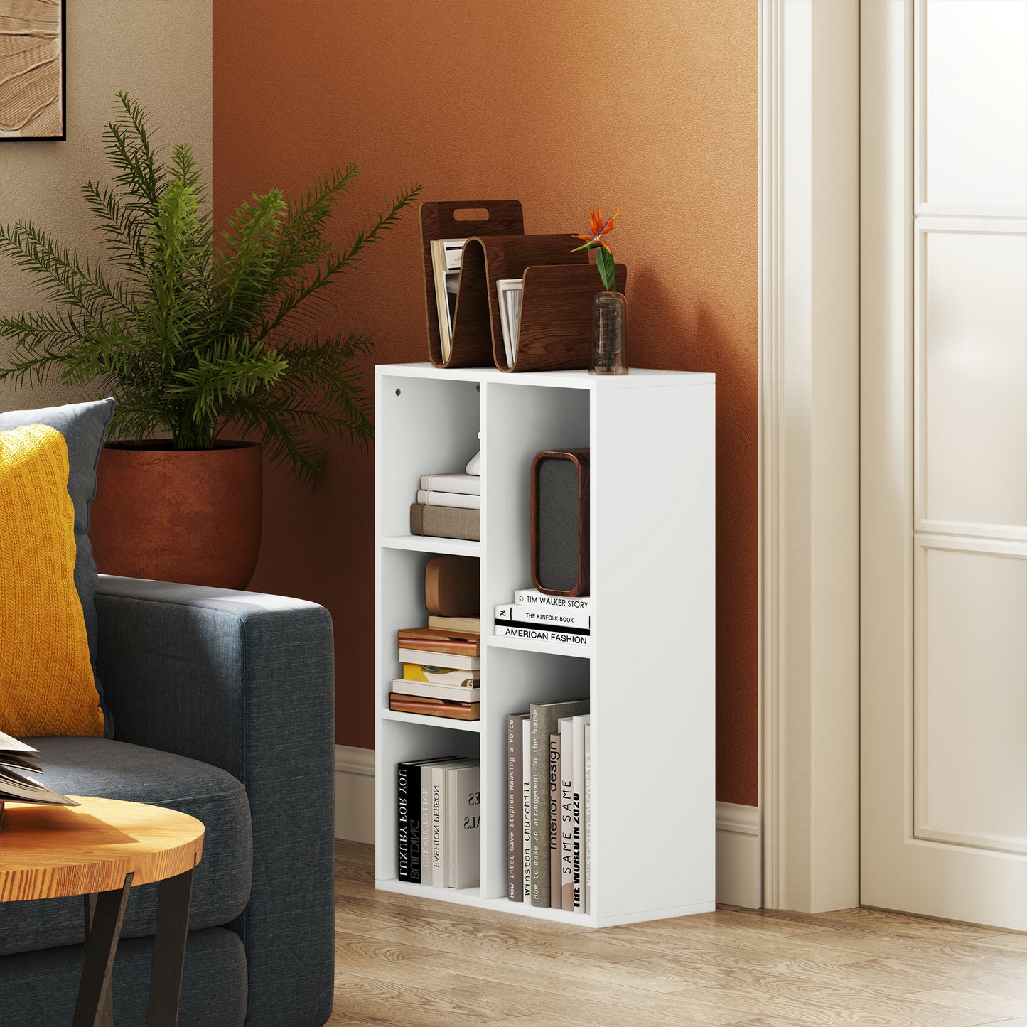 Sovi Wood White 2 Tier Bookcase With 5 Storage Compartments
