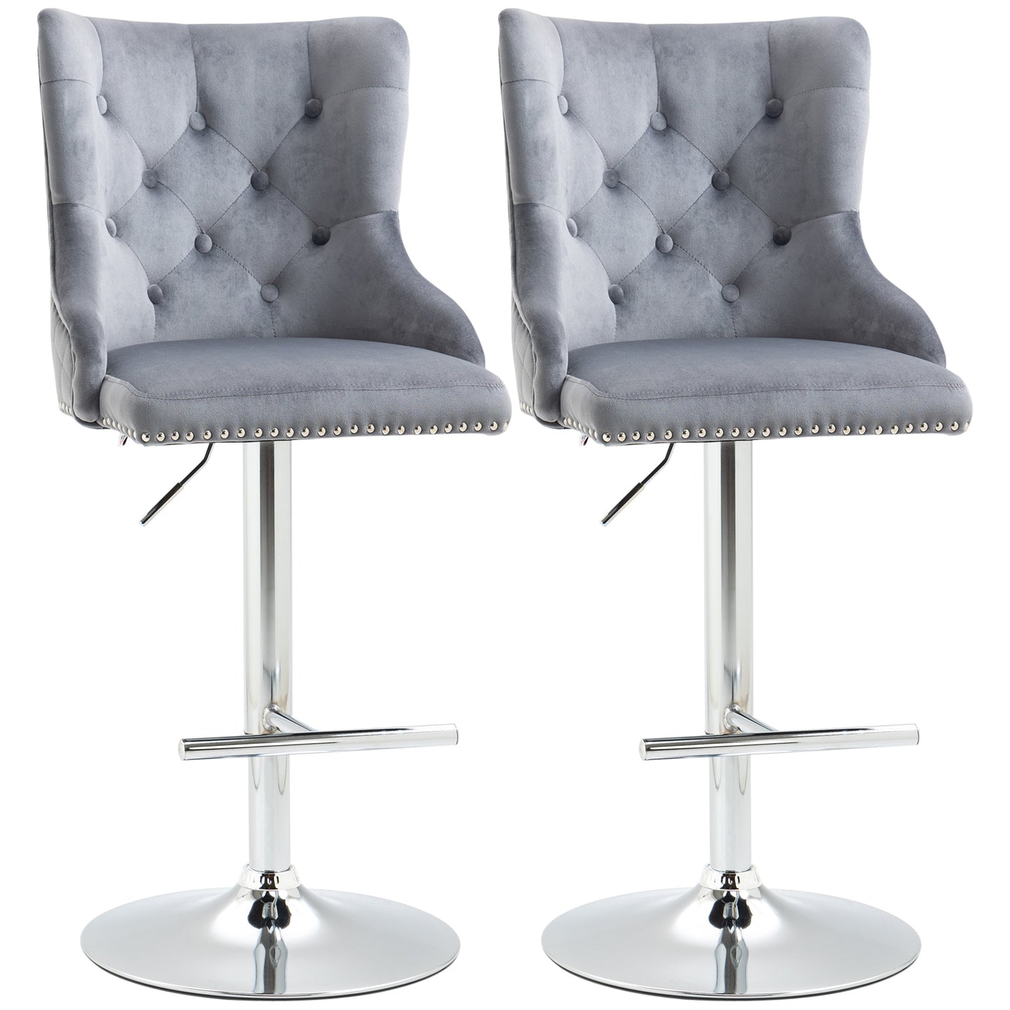 Recoco Velvet Grey Adjustable Swivel Bar Stools Set Of 2 With Tufted Back And Nailhead Detail